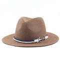 Detail of Panama straw hat with nautical blue-white rope and silver metal anchor charms - Coffee
