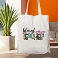 White canvas tote bag featuring blessed TEACHER print with floral and leopard motifs - STD67-X (Blessed Teacher)