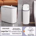 Set of 2 white slim trash cans with lids for bathroom and kitchen wall-mounted or floor use - Large 2-Pack