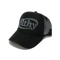 Detail of Filthy letter graphic on breathable mesh trucker hat with woven rope trim - Black