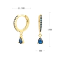 Detailed size chart of gold drop earrings featuring blue zircon inlays and dimensions - Gold (Dark Blue Rhinestone)