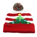 Detail of ON/OFF power button on a colorful LED Christmas knitted hat with stripes - One Size / Red White Striped Tree (LED)
