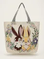 White canvas tote bag featuring cute cartoon rabbit prints and striped handles - Double Rabbits