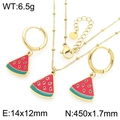 Golden stainless steel necklace and earrings set with red watermelon enamel pendants - Watermelon Style (KS226948-Z)