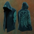 Detail of Viking hoodie featuring intricate Odin print and Nordic runes in teal - Xjk01025072337