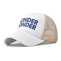 Two-tone cotton baseball cap with blue Wonder print and mesh back on white background - White