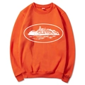 Orange long sleeve crewneck sweatshirt with a white coastal island graphic print - Orange