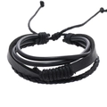 Détail du bracelet multicouche en cuir noir avec cordes tressées et nœuds réglables - Cuir Noir Fil Noir