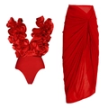 Detalle del top de baño rojo con volantes y cuello en V con falda larga plisada - S / Set de Circonita Roja