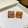 Detail of vintage square resin earring with central faceted amber crystal in a white box - Tortoiseshell-Square Gem Style (58#)