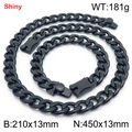 Shiny black stainless steel Cuban chain necklace and bracelet set for men - Style B (Magnetic Clasp) / 13mm Width/45cm Chain / Black