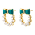 Exquisite gold earrings with green enamel bow and pearl wreath detail on white background - Green (1 Pair)
