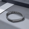 Sleek silver and black titanium steel watch band bracelet with engravable metal plate - 8mm Black Curved Stripe Three Beads