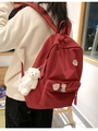 Donkerrode studentenrugzak in Koreaanse stijl met schattige beer hanger en pins - Wijnrood (Geen Hanger)