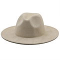 Classic beige wide brim fedora hat with a flat brim and stitched edge in solid suede style - M (56-58cm) / Beige