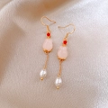 Close-up of golden hollow circle earrings with pearls on silk fabric background - 13# Silver Earring Post - Gold - Pink - White - Pearl Tassel