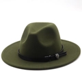 Dark green wide brim wool fedora hat with black leather belt and silver floral buckle - M (56-58cm) / Army Green