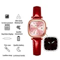 Elegant ladies square rose gold watch with red leather strap and pink sunray dial - Rose Gold-Pink Dial Red Leather Strap