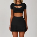 Two-piece black yoga set with cutout crop top and pleated mini skirt for sports - S / Top And Bottom / Short Sleeve And Short Skirt / Premium Black