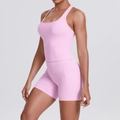 Detail of pink sports bra and high-waisted shorts with side pocket for workout - S / Top And Bottom / Sakura Pink