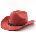 Detail of red faux suede cowboy hat featuring a braided leather band and vintage metal emblem - M (56-58cm) / Brick Red