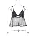 Detailaufnahme des schwarzen Pailletten-Crop-Tops mit Spitzenbesatz und Trägern - S / Schwarz