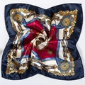Detailed close-up showing the chain pattern and silky texture of the navy blue square scarf - Cyan Base Four Flowers