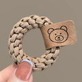 Brown woven hair scrunchie with a cute cartoon bear leather patch for high ponytails - Light Coffee Braided Hair Tie with Bear Tag 1Pc