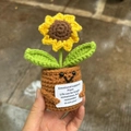 Nahaufnahme einer gehäkelten Sonnenblume mit Karte zur emotionalen Unterstützung - 12cm / Sonnenblume