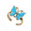 Adjustable gold butterfly ring with sky blue enamel finish for women on white background - Blue