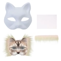 DIY cat pulp mask kit with blank white base, printed fur pattern and decorative faux fur - DIY Paper Pulp Mask And Accessories (White Pink)