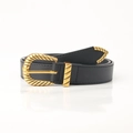 Damen Vintage Ledergürtel in Schwarz mit dreiteiliger gestreifter Metallschnalle Gold - Schwarz