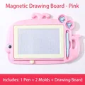 Pink whale-shaped magnetic drawing board for kids with pen and stamps, 30x20cm size - Dolphin Style / Pink