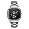 Men's silver square quartz watch with black multifunctional dial and steel strap - 628 Silver Case Black Dial Stainless Steel Band (Functional Chronograph)