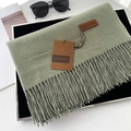 Sage green cashmere feel scarf with fringe tassels and leather brand label - 49# Bean Green