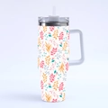 Close-up of 40oz stainless steel tumbler featuring pink and blue floral leaf patterns - Style 5-Colorful Floral