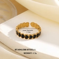 18K gold plated stainless steel open ring featuring black enamel hearts on stone base - Continuous Black Hearts (856G-2)