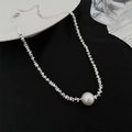 Silver bow pearl necklace with irregular crushed silver chain for a French luxury style - Silver Pearl