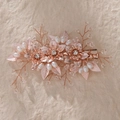 Close-up of handmade rose gold bridal hair clip with white pearls and crystal flowers - Rose Gold Handmade Artificial Pearl Rhinestone Hair Clip (HS-J6985RG)