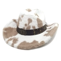 Detail of cow print western cowboy hat with vintage bull skull buckle and studded belt - M (56-58cm) / Flat Top (Cow Print) / Khaki