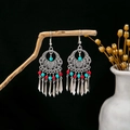 Bohemian turquoise drop earrings with vintage silver finish and ethnic metal tassels - E2850-1 Multicolor Hollow Disc