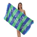 Teal and blue striped microfiber beach towel with white fish print held by model - 80*160cm / Blue-Green Stripes Fish