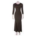 Detail of a slim fit brown long sleeve maxi dress with elegant fishtail hemline - S / Brown