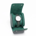 Portable dark green leather watch travel case with velvet lining and silver steel watch - Smooth Green - 1 Slot