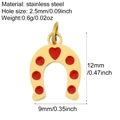 Golden horseshoe pendant in stainless steel with seven red hearts and dimension specs - Heart Horseshoe (G15)