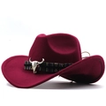 Classic burgundy western cowboy felt hat featuring a vintage silver bull head metal ornament - Burgundy