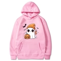 Pink Halloween hoodie with cute ghost and pumpkin print on a clean white background - S / Pink