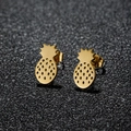 Golden pineapple stud earrings with hollow texture and leaf detail on dark grey background - 103 Pineapple / Gold