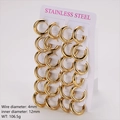 Polished 18K gold-plated stainless steel hoop earrings with 4mm thickness - 4mm Wire, 12mm Inner Diameter (12 Pairs/Pack) / Gold