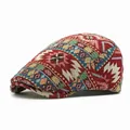 Retro ethnic style jacquard beret hat with colorful geometric patterns in dark red - Adjustable / Burgundy